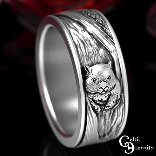 Sterling Silver Wombat Ring, Tree Bark Ring, Wombat Jewelry, Australia Wedding Theme, Wombat Wedding Ring, Silver Marsupial Ring, 5112