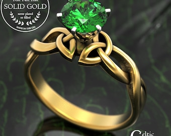 10K Irish Emerald Solitaire Ring, 14K Scottish Knot Engagement Ring, 18K White Gold Bridal Wedding Ring, Round Prong Head Wedding Ring, 1982
