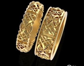 Celtic Heart Knot Wedding Ring Set, His + Hers Gold Wedding Ring Set, Matching Heart Knot Wedding Rings, Celtic Love Knot Rings 4012 4013