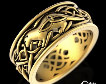 Mens Gold Celtic Otter Ring, 10K Gold Irish Wedding Band, 14K Otter Wedding Ring, 18K Scottish Otter Ring, Gold Celtic Knotwork Ring, 3029