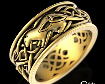 Mens Gold Celtic Otter Ring, 10K Gold Irish Wedding Band, 14K Otter Wedding Ring, 18K Scottish Otter Ring, Gold Celtic Knotwork Ring, 3029