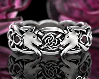 Ruby Wolf Ring, Sterling Celtic Wedding Band, Womens Wolf Ring, Celtic Infinity Wedding Ring, Silver Wolves Ring, Norse Wedding Ring, 9101