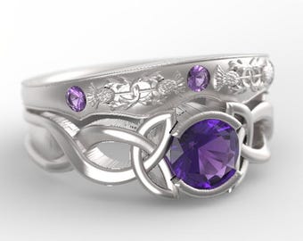 Sterling Silver Amethyst Wedding Rings, Celtic Engagement Set, Amethyst Engagement Ring, Matching Wedding Ring Set, 405 + 1775