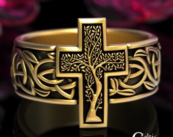 Tree of Life Wedding Ring, Gold or Platinum Mens Cross Ring, Mens Cross Wedding Ring, Celtic Tree Wedding Ring, Irish Tree Wedding Ring 1931