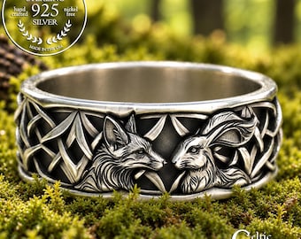 Men's Sterling Fox & Rabbit Wedding Ring, Silver Celtic Hare Jewelry, Men's Scottish Fox Ring, Spirit Animal Jewelry, 2179