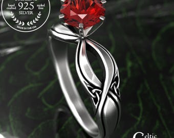 Ruby Celtic Triquetra Knotwork Engagement Ring, Sterling Silver and Gemstone Unity Knot Woven Irish Engagement Ring, Welsh Weave, 1994