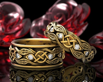 10K Gold Moissanite Matching Nature Wedding Rings, White Gold Celtic Botanical Bands, His Hers Leaves Celtic Platinum Ring Set 1964 1963
