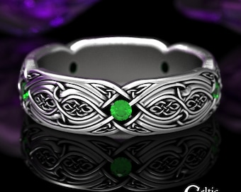 Irish Infinity Wedding Band, Sterling Emerald Infinity Ring, Woven Celtic Wedding Ring, Woven Wedding Band, Silver Irish Knot Ring, 1816