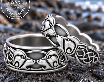 Sterling Matching Viking Wolf Ring Set, Silver His Hers Norse Wolves Wedding Bands, 1308 1307