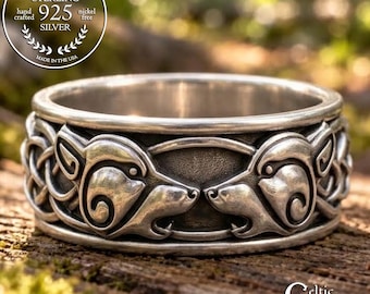 Men's Sterling Silver Wolves Wedding Band, Celtic Howling Wolf Ring, Irish Groom Ring, Scottish Anniversary, 1308