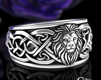 Sterling Silver Lion Ring, Mens Lion Wedding Band, Celtic Lion Ring, Lion Jewelry, Silver Lion Ring, Lion Spirit Animal, Man Lion Ring, 3006