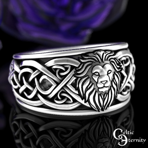 Sterling Silver Lion Ring Mens Lion Wedding Band Celtic Lion