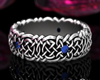 Sapphire & Silver Irish Knotwork Ring, Womens Welsh Wedding Band, Scottish Braided Ring, Handmade Celtic Wedding Ring, Gaelic Ring, 1955