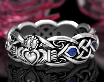 Sterling Silver Celtic Claddagh Ring with Sapphire, Modern Claddagh Wedding Ring, Sapphire Trinity Knot Silver Heart Ring, Irish Ring, 1684