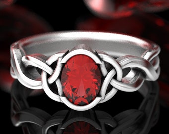 Celtic Oval Ruby Engagement Ring, Sterling Silver Celtic Engagement Ring, Celtic Knot Solitaire, Silver Celtic Ruby Wedding Ring, 400