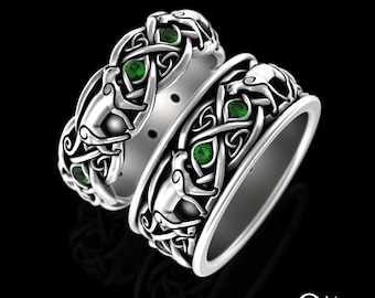 Matching Emerald Cat Ring Set, Sterling Silver Kitty Wedding Band Set, Celtic Cat Lover Rings, Irish Kitten Wedding Jewelry, 3097 3099