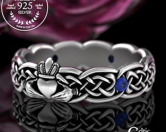 Petite Womens Sapphire Cladach Ring, Sterling Irish Claddagh Wedding Band, Dainty Scottish Anniversary Ring, Delicate Handfasting Ring, 3253