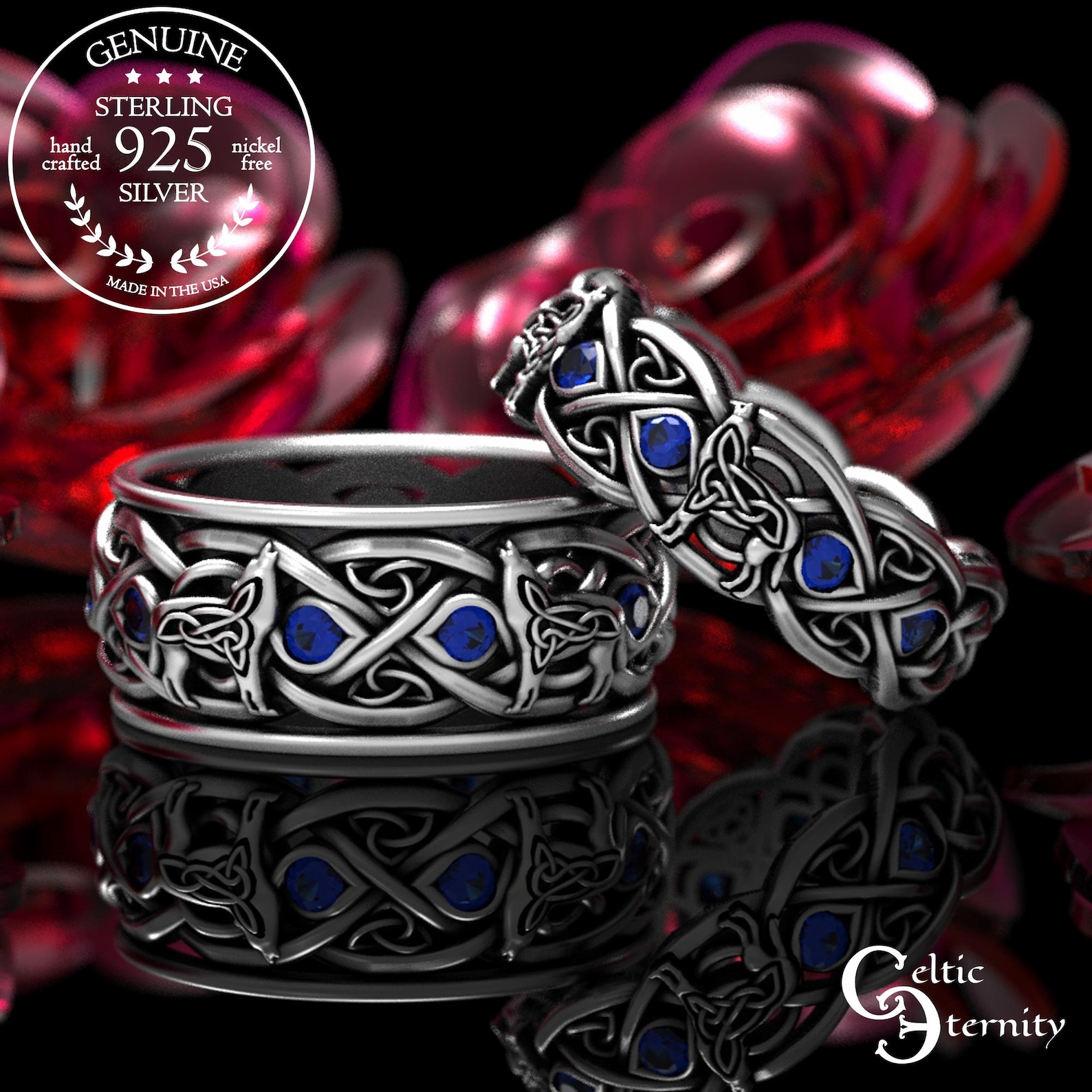 Matching Wolf Wedding Rings, Sapphire Sterling Celtic Rings, His Hers