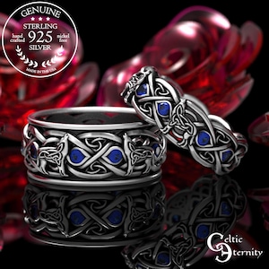 Matching Wolf Wedding Rings, Sapphire Sterling Celtic Rings, His Hers Wolf Rings, Matching Sterling Rings, Celtic Wedding Set, 1267 1269