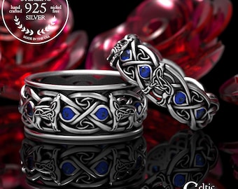 Matching Wolf Wedding Rings, Sapphire Sterling Celtic Rings, His Hers Wolf Rings, Matching Sterling Rings, Celtic Wedding Set, 1267 1269