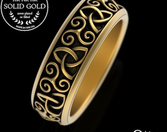 10K Gold Irish Triskele Wedding Band, 14K Celtic Triskelion Ring, 18K Spiral Trinity Knotwork, Triple Spiral Knotwork Wedding Ring, 3203