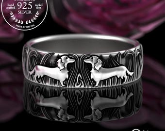 Long Haired Dachshunds Ring, Sterling Soulmate Dachshund Wedding Band, Silver Doxie Dog in Grass, Long-Haired Dog, Puppy Dog Ring, 3167