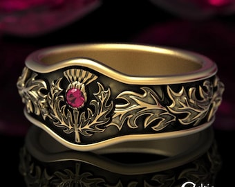 Scottish Thistle Ring, Ruby Gold Wedding Band, Gold Thistle Ring, Thistle Wedding Band, Gold Wedding Band, Platinum Wedding Ring, 1765