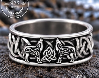 Celtic Wolf Ring, Sterling Wolf Wedding Band, Wolf Wedding Band, Viking Wolf Ring, Wolf Mens Jewelry, Norse Ring, Silver Wolf Ring, 1170
