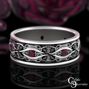 Ruby & Sterling Scottish Wedding Ring, Silver Scottish Ring, Mens Ruby Thistle Ring, Silver Ruby Wedding Band, Thistle Wedding Ring, 3023