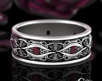 Ruby & Sterling Scottish Wedding Ring, Silver Scottish Ring, Mens Ruby Thistle Ring, Silver Ruby Wedding Band, Thistle Wedding Ring, 3023