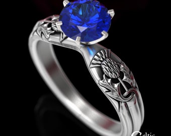 Sapphire Thistle Engagement Ring, Scottish Engagement Ring, Sterling Thistle Ring, Thistle Solitaire Ring, Irish Thistle Engagement, 1894