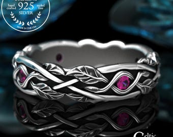 Ruby Bridal Leaves & Twigs Wedding Band, Sterling Sapphire Botanical Garden Ring, Scottish Woman's Silver Braided Forest Marriage Ring, 2052