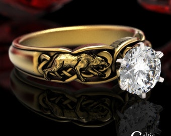 10K Moissanite Celtic Wolf Ring, 14K Wolf Engagement Ring, 14K Moissanite Engagement Ring, Direwolf Ring, Gold Wolf Wedding Ring, 1868