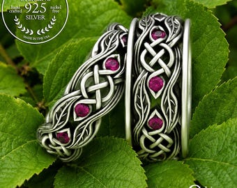 Ruby Matching Scottish Nature Wedding Rings, Celtic Botanical Wedding Band, Silver Leaves Ring Set, His Hers Handfasting Jewelry, 1964 1963