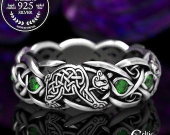 Emerald Bear Ring, Sterling Silver Bear Ring, Celtic Bear Ring, Celtic Wedding Band, Celtic Animal Ring, Celtic Emerald Wedding Band, 1682