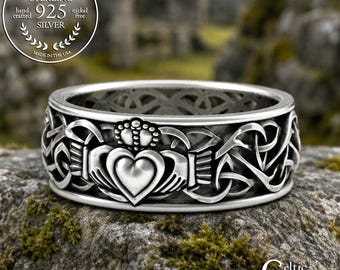 Woven Claddagh Wedding Band, Sterling Welsh Groom Heart Ring, Traditional Scottish Groom Ring, Silver Crown Hands Chladaigh Ring, 3237