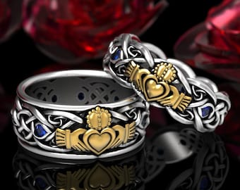 2Tone Matching His Hers Claddagh Ring Set Sapphires, Silver & 10K Gold Claddagh Wedding Ring, Celtic Wedding Set, Irish Love Ring, 1685 1689