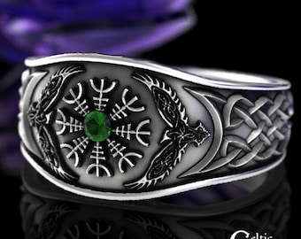 10K White Gold & Emerald Viking Ring, Helm of Awe Gold Ring, Mens 14K Gold Wedding Band, Viking Rune Gold Ring, Emerald Gold Raven Ring 3019