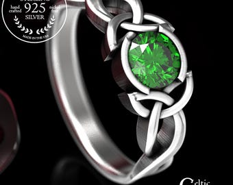 Emerald Engagement Ring, Sterling Silver Celtic Knot Ring, Celtic Eternity Ring, Unique Engagement Ring, 405