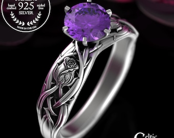 Amethyst Rose with Celtic Knotwork Ring, Sterling Irish Amethyst Engagement Ring, Botanical Knotwork Wedding Ring, Silver Rosebud Ring, 3347