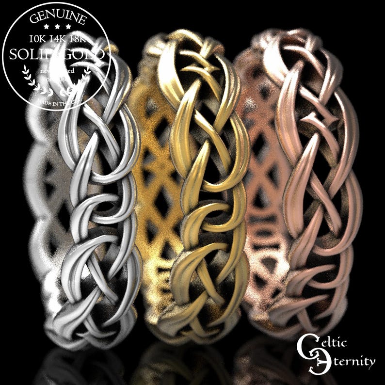 May include: Three rings featuring an intricate interwoven knot pattern, presented in silver, yellow gold, and rose gold tones. A circular emblem in the top left corner reads Genuine 10K 14K 18K Solid Gold. The text Celtic Eternity appears in the bottom right.