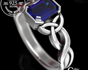 Celtic Sapphire Silver Ring, Emerald Cut Engagement Ring, Sterling Silver Celtic Ring, Celtic Engagement Ring, Wedding Solitaire Ring, 401