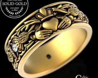 Gold Claddagh Highlands Ring with Moissanite, 14K Groom's Celtic Wedding Band, Thistle Handfasting Ring, 18K Scottish Anniversary Ring, 3282