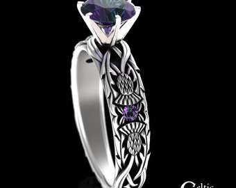 Sterling Silver & Alexandrite Royal Scottish Thistle Ring, Celtic Thistle Gemstone Solitaire Ring, Irish Wild Feminine Engagement Ring, 3062