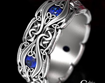 Mens Celtic Mushroom Ring, Wide Celtic Mens Wedding Band, Sapphire & Sterling Silver Ring, Mens Silver Wedding Ring, Mushroom Ring, 1535