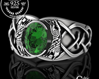 Emerald Odin's Wolves Ring, Sterling Men's Wolf Engagement Ring, Viking Groom Wedding Ring, Wolf Class Ring, Man Anniversary Gift, 3217