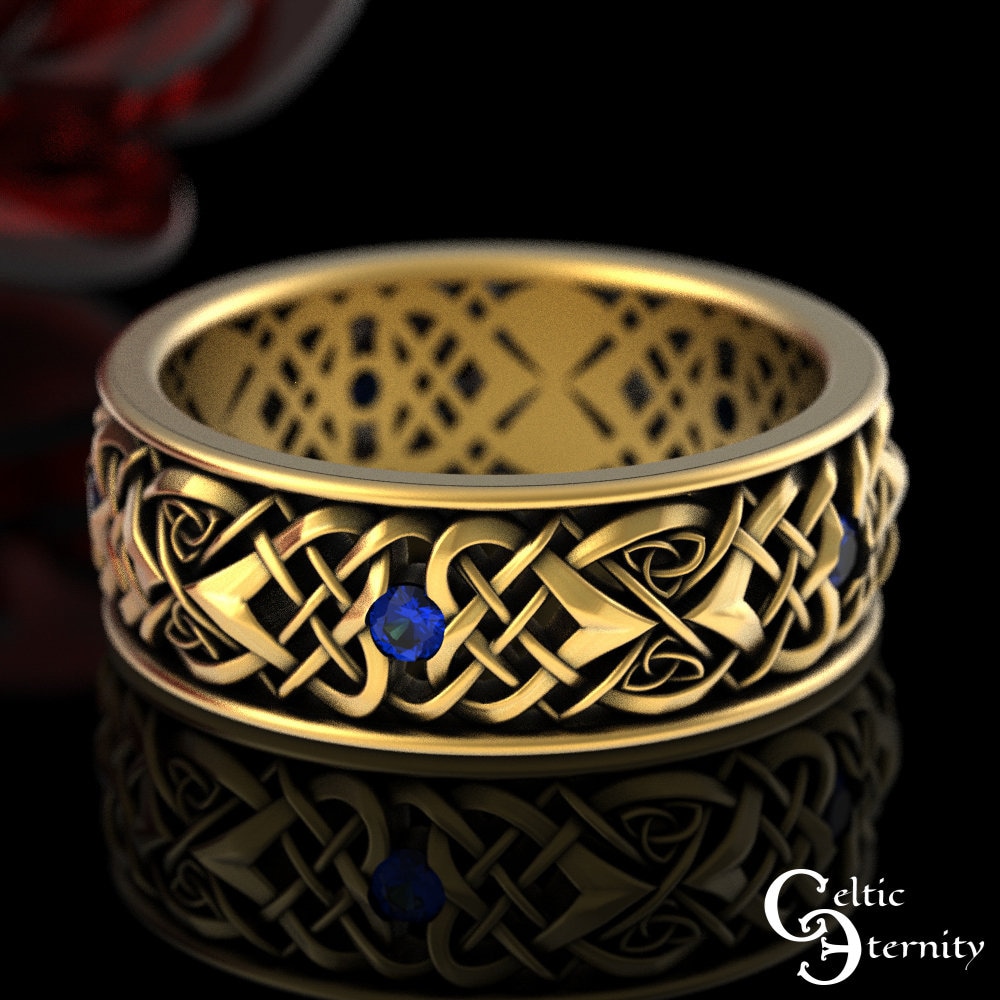 Mens Sapphire Celtic Wedding Ring, Heart Gold Wedding Band, Sapphire