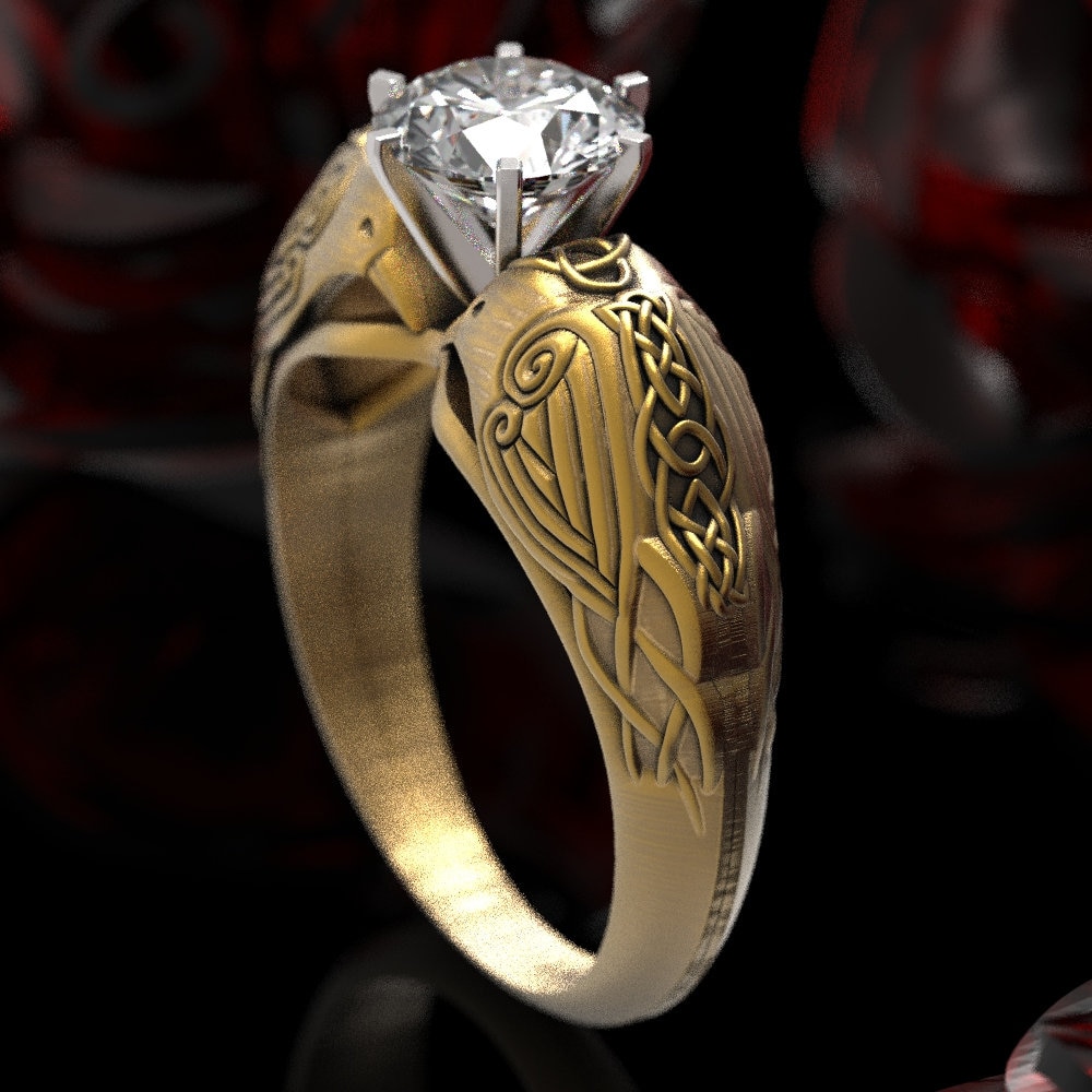 Gold Raven Ring, Moissanite Viking Ring, Raven Engagement Ring, Viking