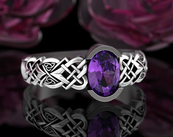 Amethyst Celtic Engagement Ring, Amethyst Heart Engagement Ring, Sterling Celtic Bridal Ring, Amethyst Heart Ring, Celtic Wedding Ring, 3017