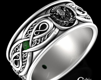 Emerald Thistle Wedding Ring, Sterling Mens Scottish Thistle Ring, Celtic Mens Ring, Irish Thistle Wedding Band, Silver Thistle Ring, 3036